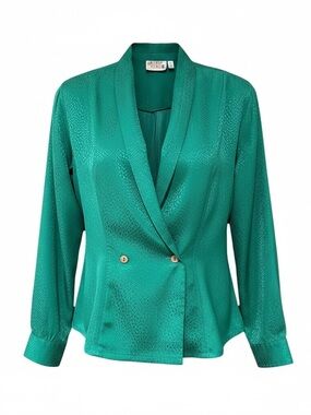 Vintage Emerald Satin Wrap Blouse 90s Textured Jacquard Top S/M